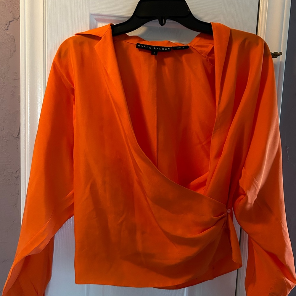 100% silk Black Label, Ralph Lauren blouse. Orange, long sleeves, wrap style.